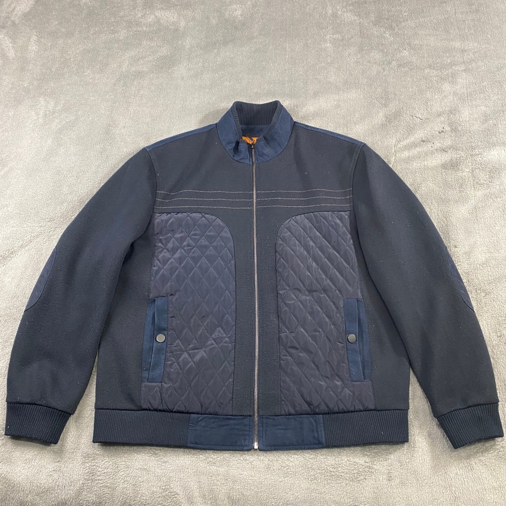 Enzo Tovare Italy Bomber Jacket Mens XL Quilted Navy Blue Suede Trim Elbow Patch